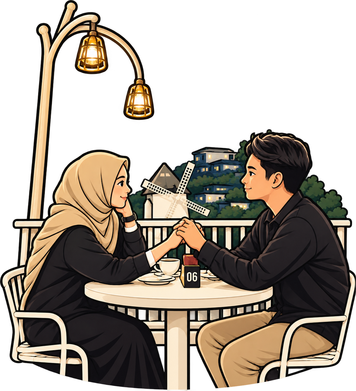 Ilustrasi A dan C sedang berpegangan tangan di sebuah kafe